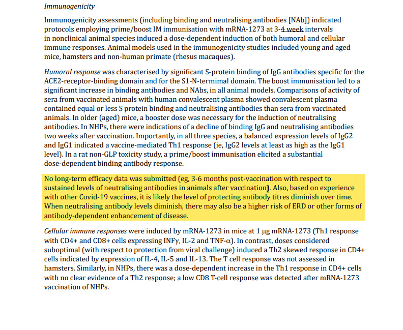 HopeRising19's tweet photo. DID YOU EVEN KNOW THAT THE MRNA INJECTION COULD MAKE YOUR COVID INFECTION WORSE?   

This document is the Non Clinical Summary presented to the Australian drug regulator (TGA) in July 2021, for Moderna's SpikeVax mRNA Covid injectable.     

It has been released for public viewing as a result of an Australian Freedom of Information Application   

Speaking of the Moderna covid vaccine, it states:   
Page 5     

"When neutralising antibody levels diminish, there may also be a higher risk of ERD or other forms of   ANTIBODY DEPENDENT ENHANCEMENT OF DISEASE"      

In other words as your antibody levels plummet shortly after vaccination, you MAY be at increased risk of future infection with SERIOUS illness.     

The same applies for the other mRNA product - Pfizer's Comirnaty   (link in comments)

Nobody was informed of that during their "Informed Consent" process....were they? 

https://t.co/T4tbhTQPMf