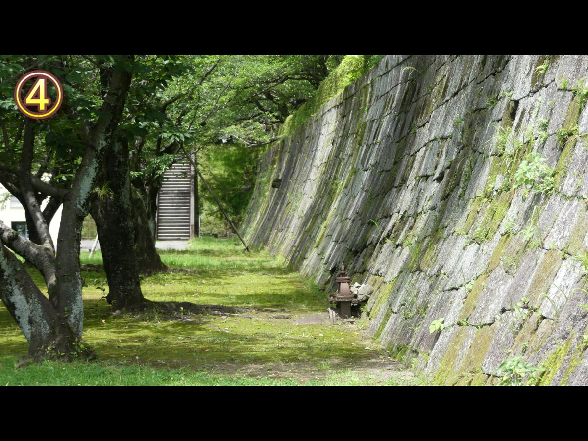 rv0923's tweet photo. 関ヶ原の戦いで敗れた島津氏が徳川家康の薩摩征伐に備えて築城した鹿児島城（鶴丸城）
①大手門にあたる復元された御楼門
②その奥の石垣に多く残る銃弾跡
③本丸と二ノ丸 境目の石垣（高い方が本丸）
④当初は水堀があった敷地内の本丸と二ノ丸の境 https://t.co/y4Z6sWdA8C