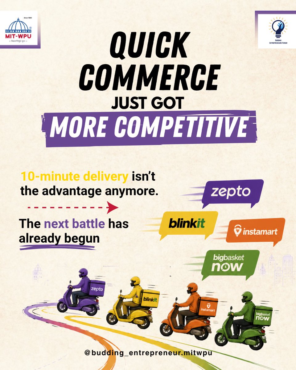 BuddingForumMIT's tweet photo. 10-minute delivery is no longer the biggest advantage.
The next battle in quick commerce is about:
• Better experience
• Smarter logistics
• Customer loyalty
The companies that adapt fastest won’t just survive, they’ll lead.
#QuickCommerce #Entrepreneurship #Retail https://t.co/6dtVjXajc9