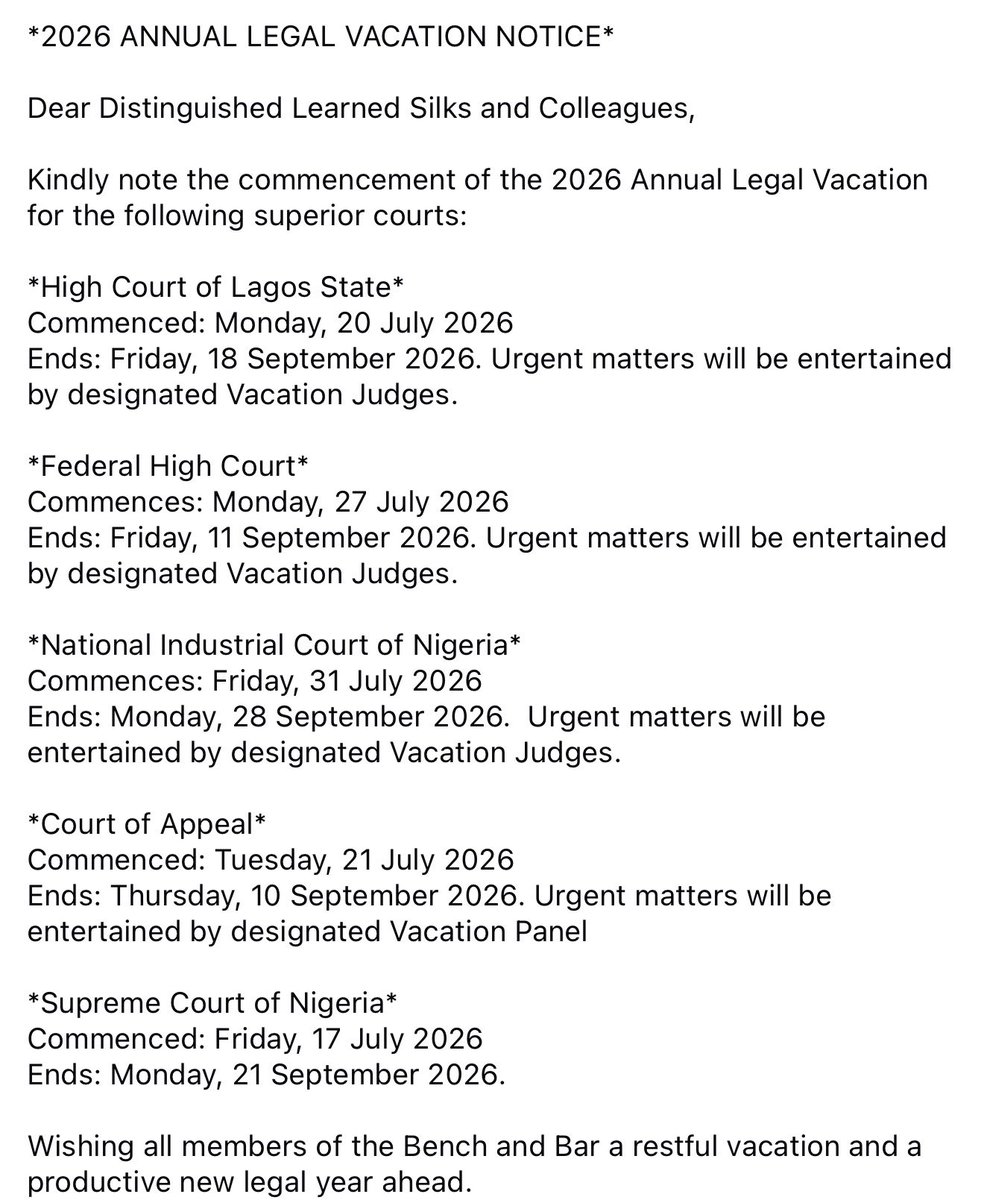 CallToBarNG's tweet photo. TAKE NOTICE:
2026 Annual Legal Vacation Dates. https://t.co/JouytkuTBa