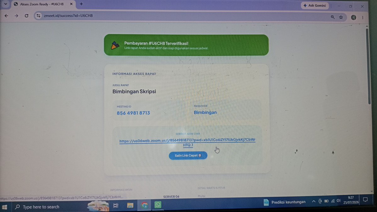 collegemfs's tweet photo. [cm] Liat deh, beneran se-instan itu 😭 Pagi2 panik dospem minta bimbingan online. Lgsg buka zmeet[.]id bayar QRIS, notif terverifikasi lgsg muncul bareng meeting ID &amp; link. Ga perlu chat admin repot2. Yg lg skripsian wajib tau lifehack ini sih! https://t.co/brH6OzgSPF