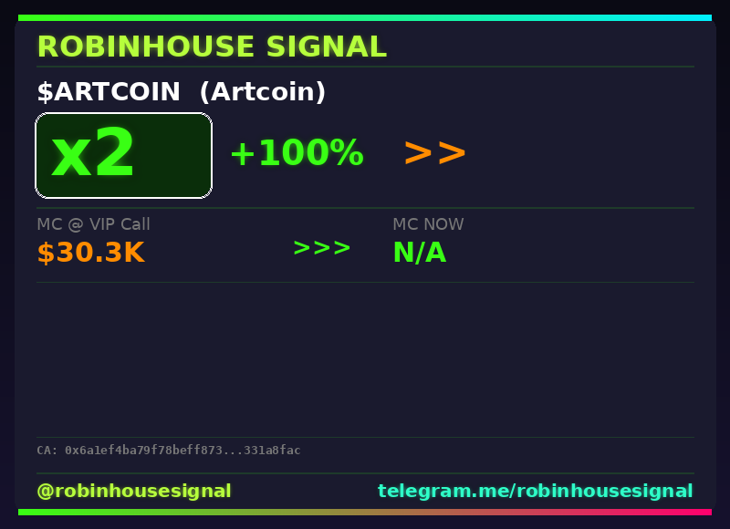robhousesignal's tweet photo. $ARTCOIN (Artcoin) 2x ✅

📊 MC: $2.6K | Liq: $2.6K
💵 Vol 24h: $295.5K
🔄 Buys/Sells: 1,930 / 1,039

📋 CA:
0x6a1ef4ba79f78beff873172b2ac077ee331a8fac

🤖 Full scan + chart → link in bio

#Artcoin #robinhousesignal #cryptogems #degen #altcoin https://t.co/JrM93t1bZi