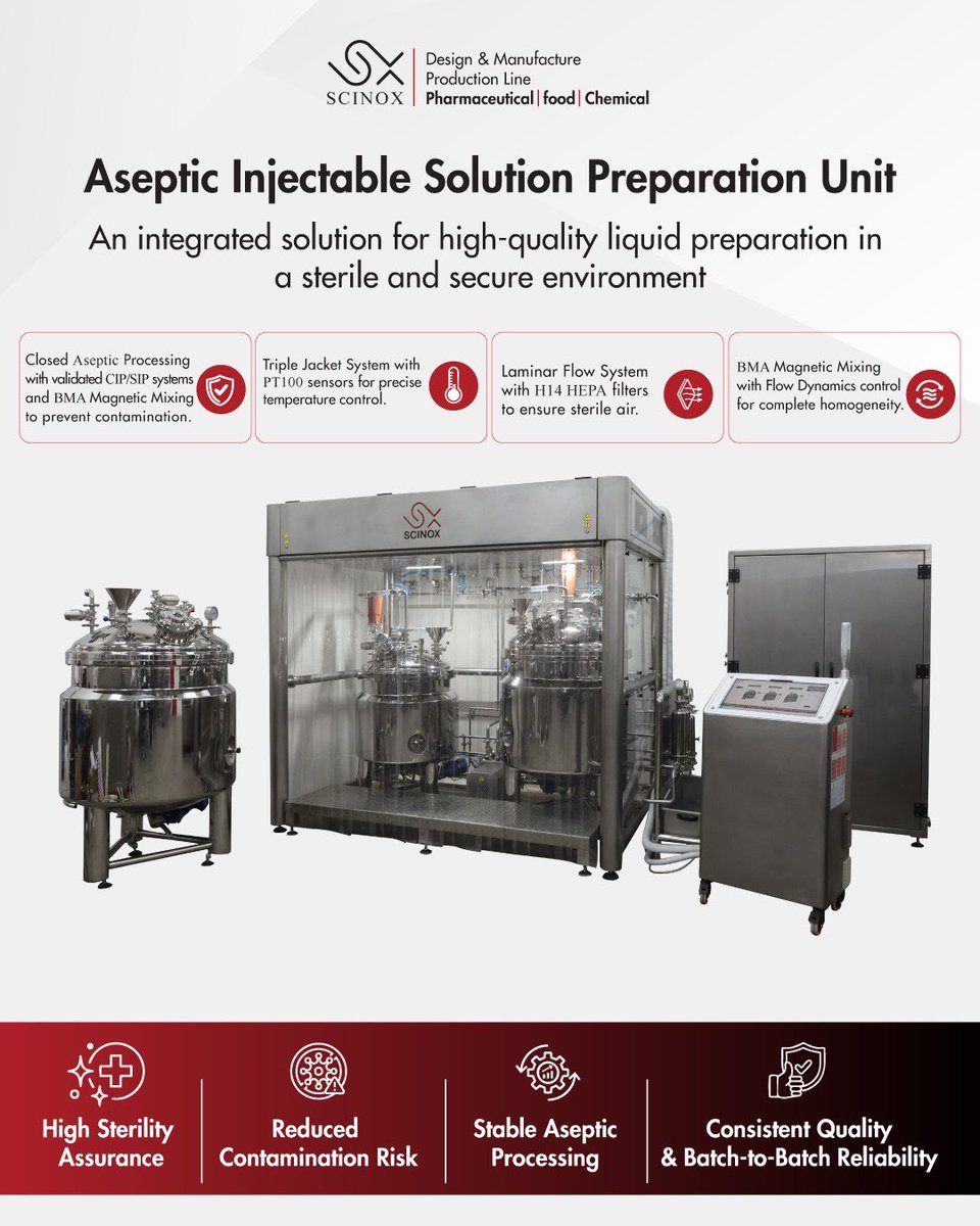 Scinox_solution's tweet photo. Introducing our Complete Aseptic Preparation &amp; Filling Line for Injectable Solutions, engineered for sterile vial &amp; ampoule production under GMP standards
High efficiency..Advanced contamination control Consistent quality
Contact us for turnkey pharmaceutical solutions.
#Scinox https://t.co/4mkiRcTmwK