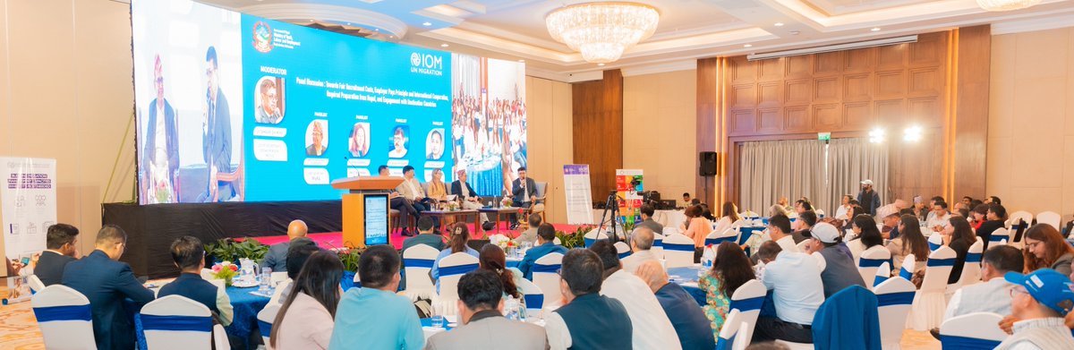 IOMnepal's tweet photo. MoYLE &amp; IOM convened the 5th #NFMD to advance ethical recruitment &amp; labour migration, bringing together key partners to discuss on recruitment costs &amp; fees, strengthen labour migration governance &amp; better protect migrant workers through evidence-based action. #EthicalRecruitment https://t.co/m6IQpgmhUx