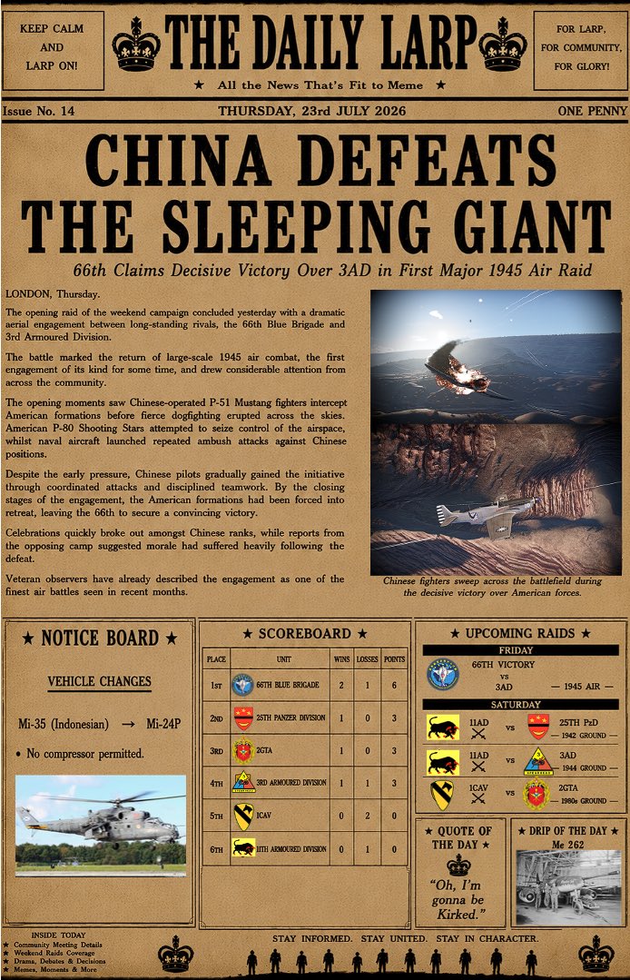 MilsimHub's tweet photo. THE DAILY LARP NUMBER. 3

ALL THE NEWS OF THE MILSIM COMMUNITY IN ONE PAGE, RAIDS, SCOREBOARD, AND MORE!!!

Discord: https://t.co/qXfg50UJ7E (questions? ->dm)

#warthunder 
#gaming 
#milsim 
#military 
#history https://t.co/SwK777s41N