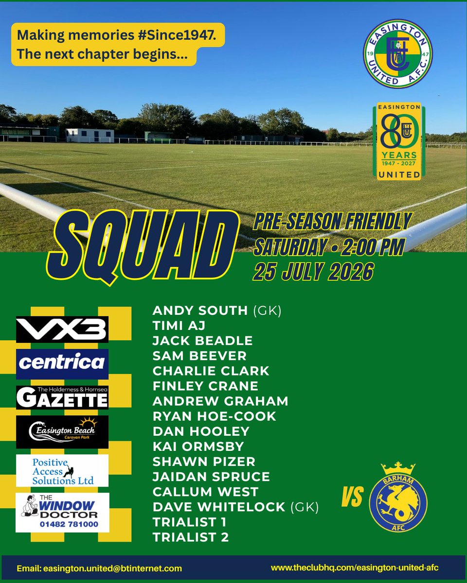 EasingtonUtd's tweet photo. 🔰 | 𝗦𝗤𝗨𝗔𝗗 𝗡𝗘𝗪𝗦 📋

Your reserves squad to face #Barham at the #FarmOfDreams this afternoon...

#OneEz | #Since1947 ⚽ https://t.co/tzzdt3oXjR