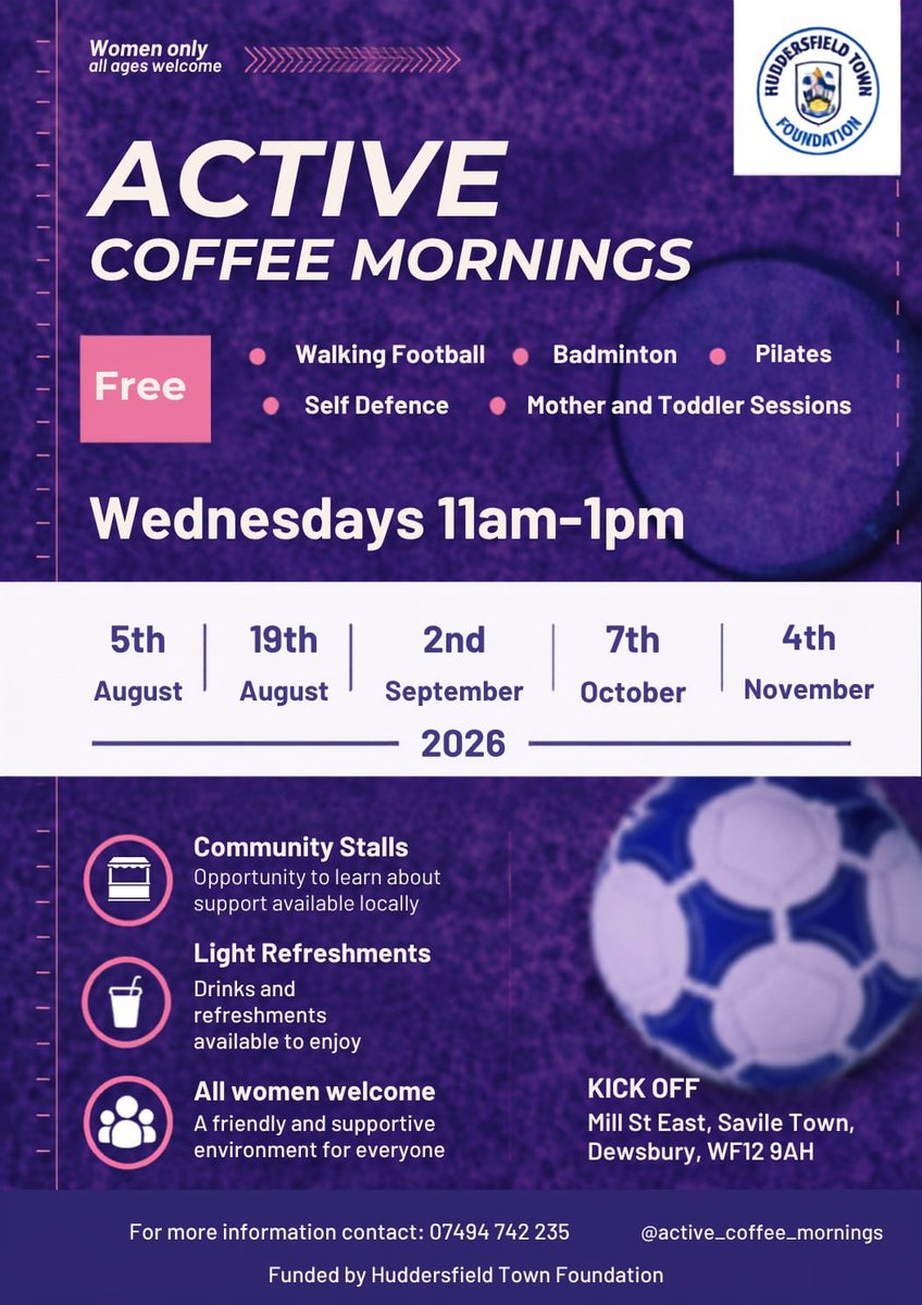 KickoffDews's tweet photo. ACTIVE COFFEE MORNINGS ARE BACK!!!

FREE ACTIVITIES FOR WOMEN

A safe space for women of all ages and abilities to access free badminton, self defence, pilates, mums and tots.

The sessions will run from 11am-1pm 

For any queries please contact 07494 742235 @htafcfoundation https://t.co/MAicq73qRT