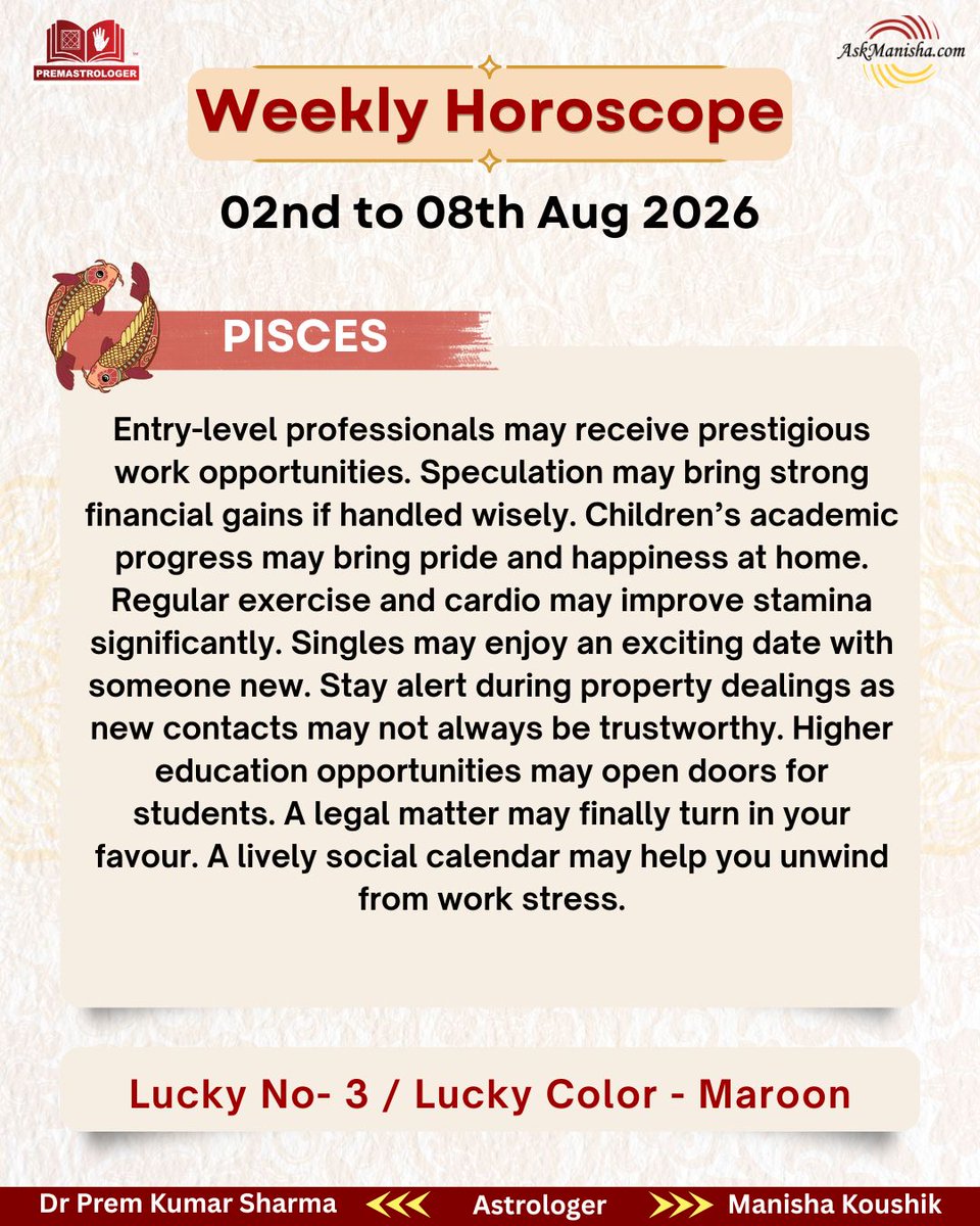 premastrologer's tweet photo. Weekly Horoscope 2nd Aug to 8th Aug '2026
#Saggitarius #Capricorn #Aquarius #Pisces
To check your sign pls click the link below: https://t.co/oEtBrLmYb2
For personal consultation at +919216141456 https://t.co/jCMmxQX8jq