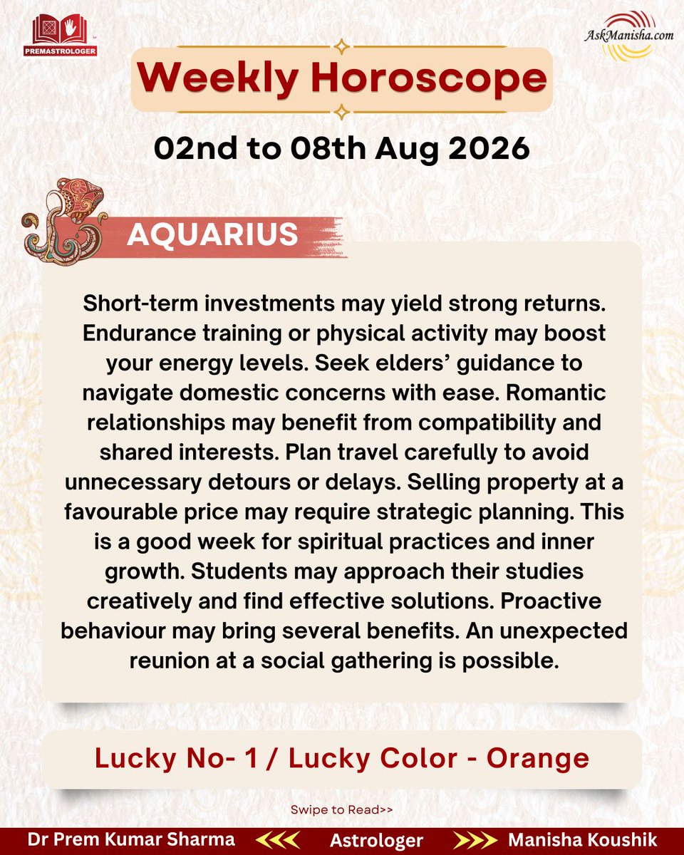 premastrologer's tweet photo. Weekly Horoscope 2nd Aug to 8th Aug '2026
#Saggitarius #Capricorn #Aquarius #Pisces
To check your sign pls click the link below: https://t.co/oEtBrLmYb2
For personal consultation at +919216141456 https://t.co/jCMmxQX8jq