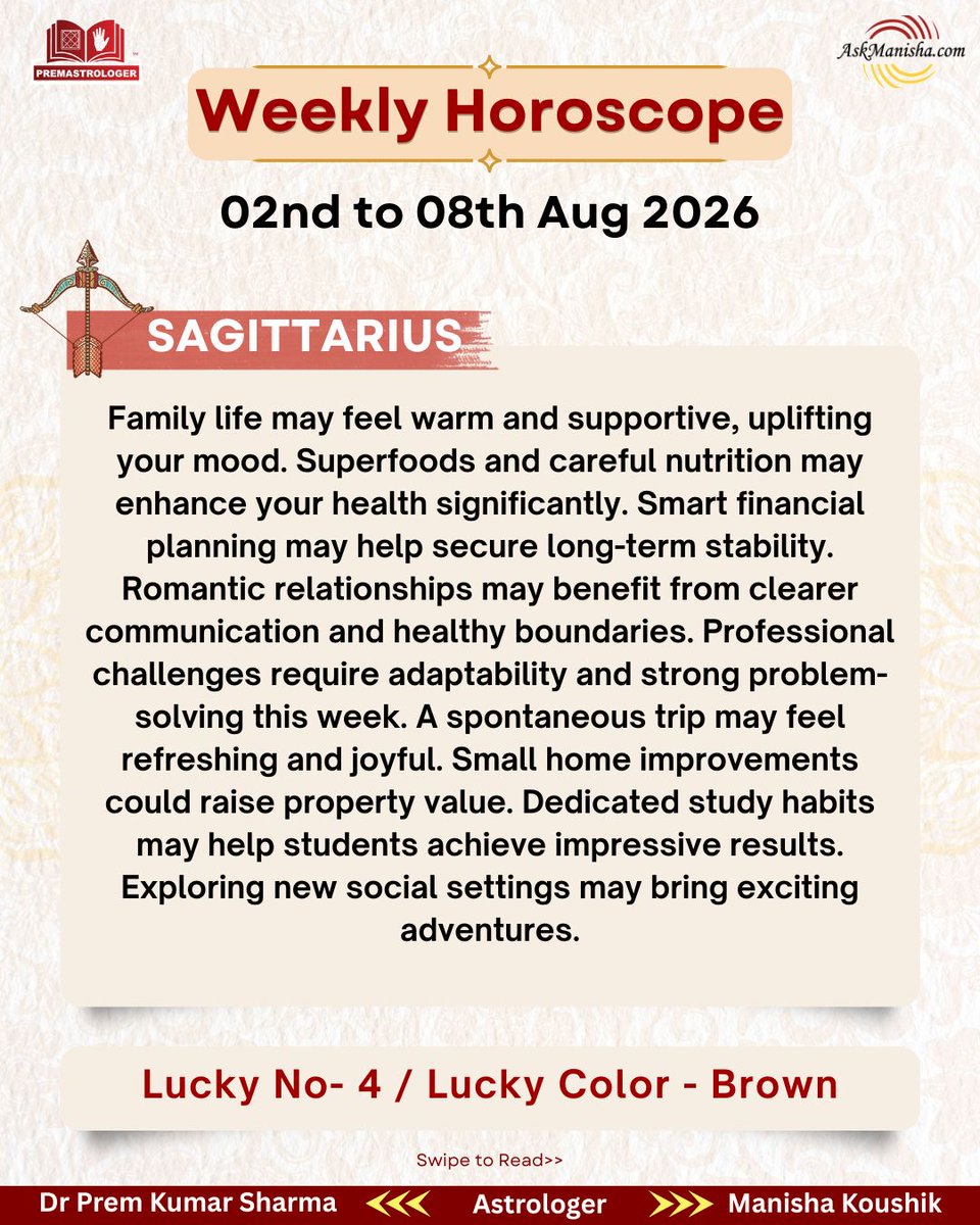 premastrologer's tweet photo. Weekly Horoscope 2nd Aug to 8th Aug '2026
#Saggitarius #Capricorn #Aquarius #Pisces
To check your sign pls click the link below: https://t.co/oEtBrLmYb2
For personal consultation at +919216141456 https://t.co/jCMmxQX8jq