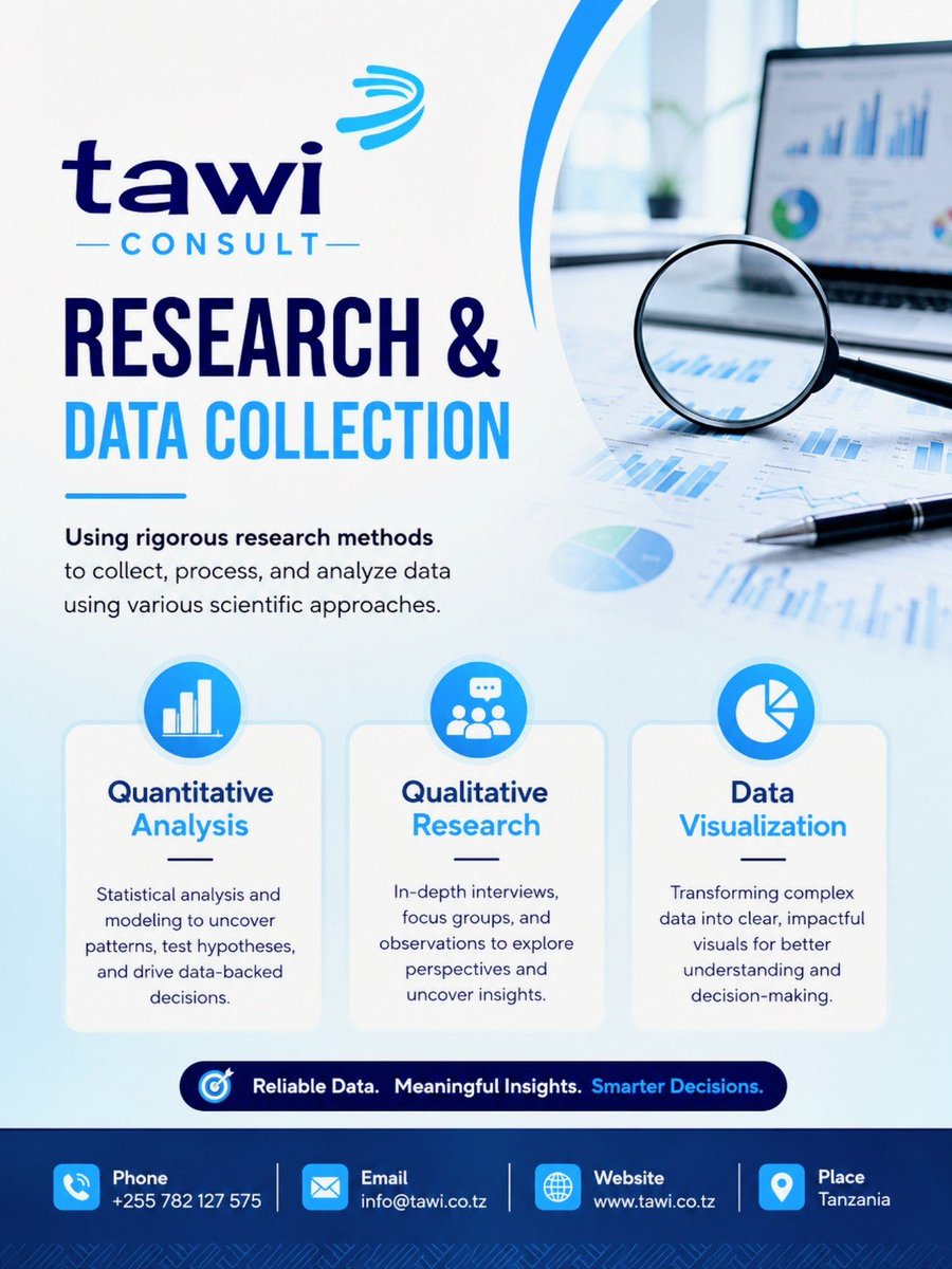 TawiConsult's tweet photo. We provide reliable Research & Data Collection services using rigorous scientific methods to collect, process, and analyze data that drive informed decision-making.

Our services include:
✔️ Quantitative Analysis
✔️ Qualitative Research
✔️ Data Visualization

Let us help you transform data into meaningful insights for your business, organization, or project.

📞 +255 782 127 575
📧 info@tawi.co.tz
🌐 https://t.co/U3P6byGcly
📍 Tanzania