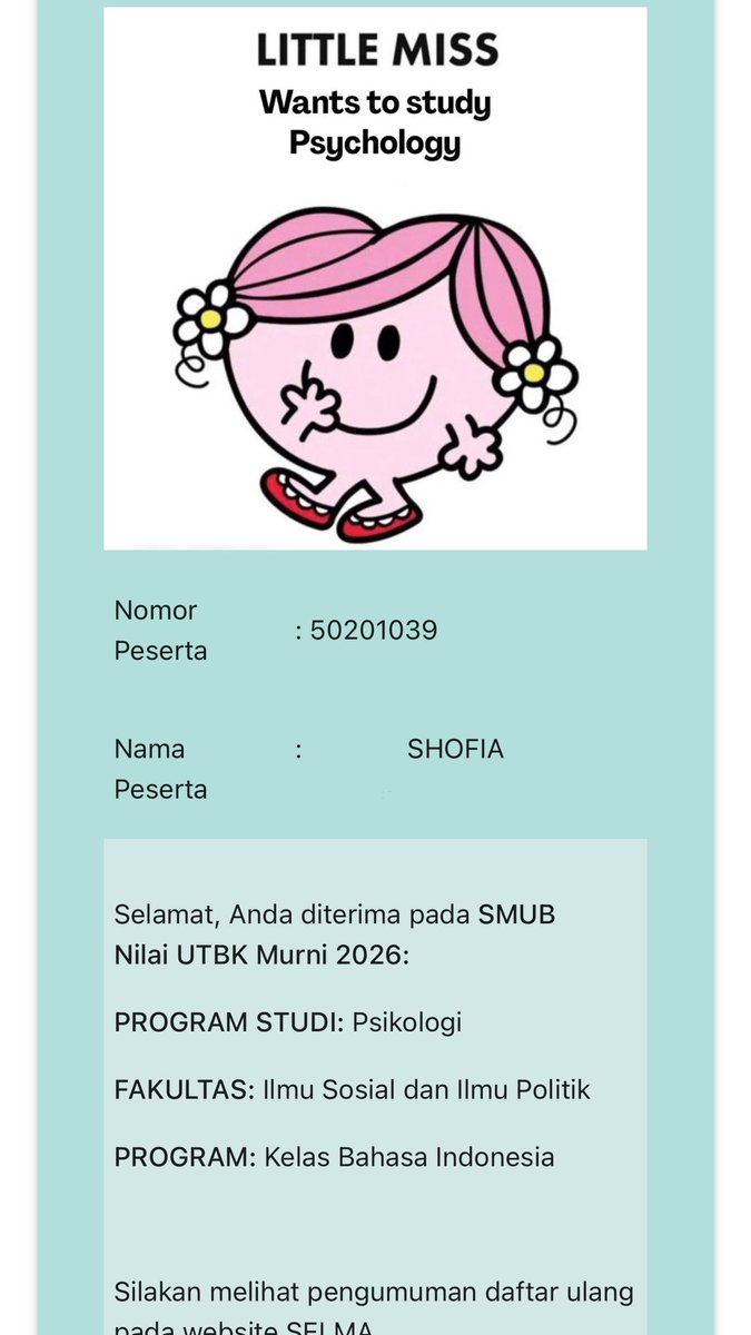 shofiaadfirst's tweet photo. HUHU ALHAMDULILLAH PECAH TELOR JUGAAA PSIKOLOGII ☹️☹️ TRIMAKASI YA UB UNDIP SUDAH TERIMA CINTAKU https://t.co/TzKwgeAWSR