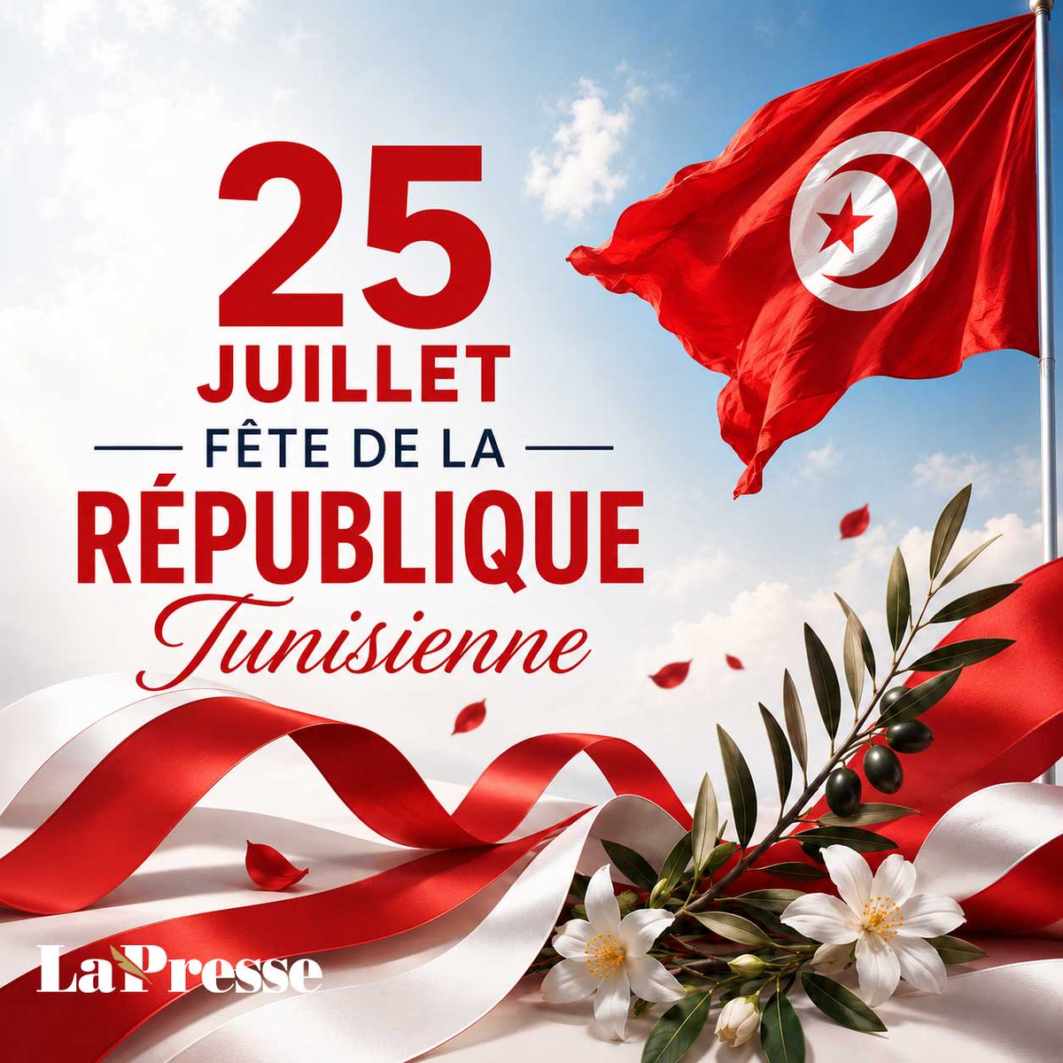 LaPresseTunisie's tweet photo. 🇹🇳25 juillet — Fête de la République tunisienne
En cette journée symbolique, nous célébrons la République, ses valeurs et l’attachement des Tunisiennes et des Tunisiens à leur pays.
Que cette fête nationale soit porteuse d’unité, d’espoir et de progrès pour une Tunisie forte, solidaire et tournée vers l’avenir.
Bonne fête de la République à toutes et à tous.🇹🇳
#Tunisie #FêteDeLaRépublique #25Juillet #RépubliqueTunisienne #LaPresseTunisie