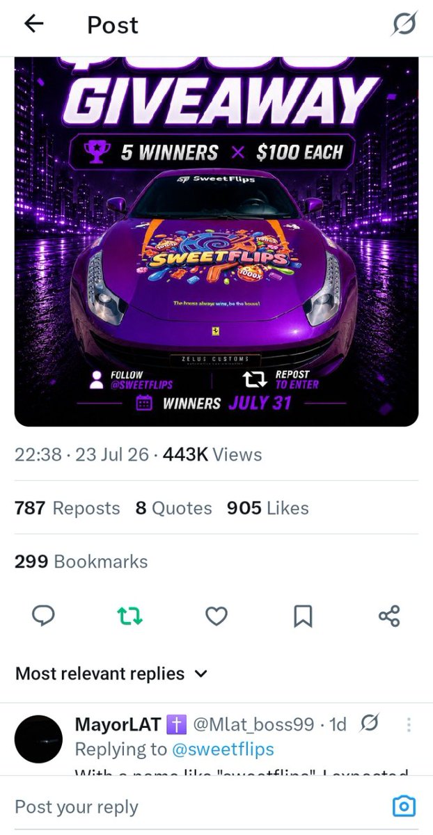 Frabsguy's tweet photo. @sweetflips Tasks finished. Proof below, don't ignore it 🫡👇

Wow, sweetflips is back. Absolutely breathtaking. Since you're doing backflips for engagement, flip that win to me or should I throw a parade first? 🎪💸 https://t.co/knVWKuGvgQ