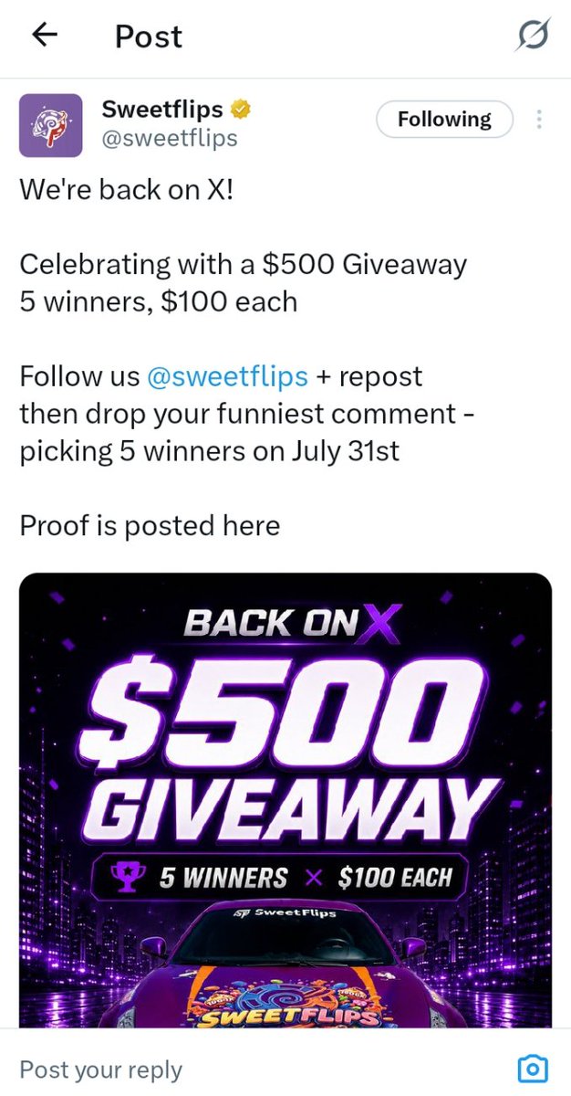 Frabsguy's tweet photo. @sweetflips Tasks finished. Proof below, don't ignore it 🫡👇

Wow, sweetflips is back. Absolutely breathtaking. Since you're doing backflips for engagement, flip that win to me or should I throw a parade first? 🎪💸 https://t.co/knVWKuGvgQ