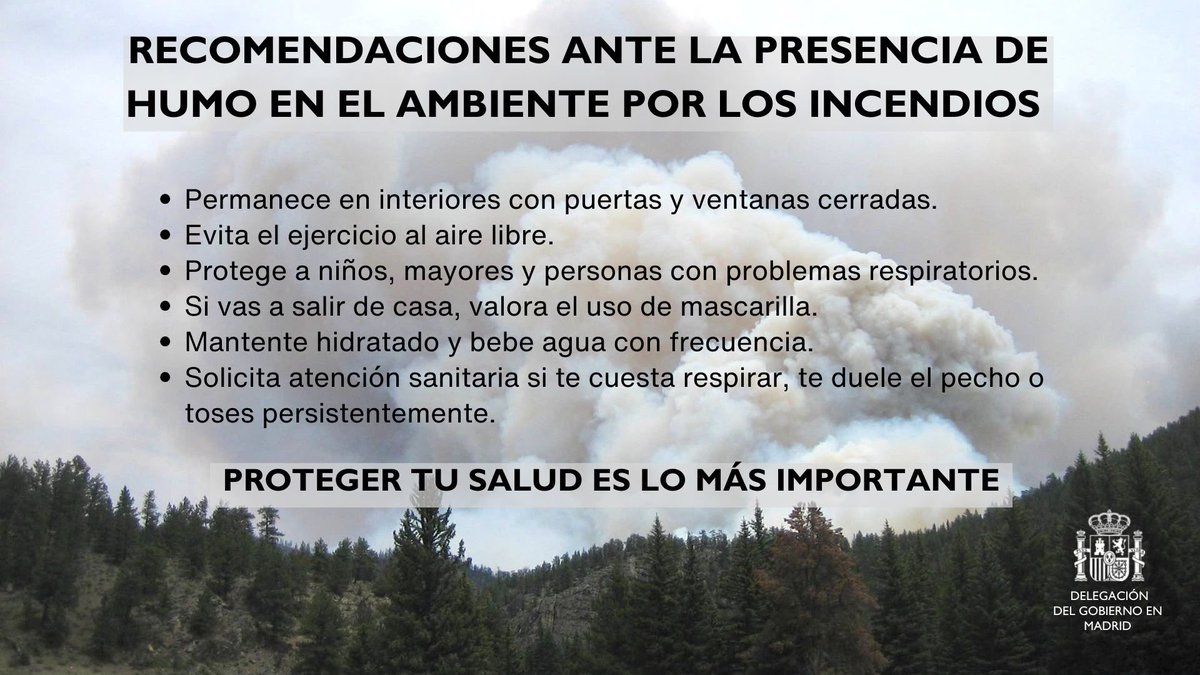 DGobiernoMadrid's tweet photo. ⚠️El humo de los incendios también supone un riesgo para la salud.

➡️Sigue las recomendaciones para minimizar sus efectos: evita la exposición, protege especialmente a las personas más vulnerables y, ante cualquier dificultad para respirar o malestar, solicita atención sanitaria.

#IFSierraOeste