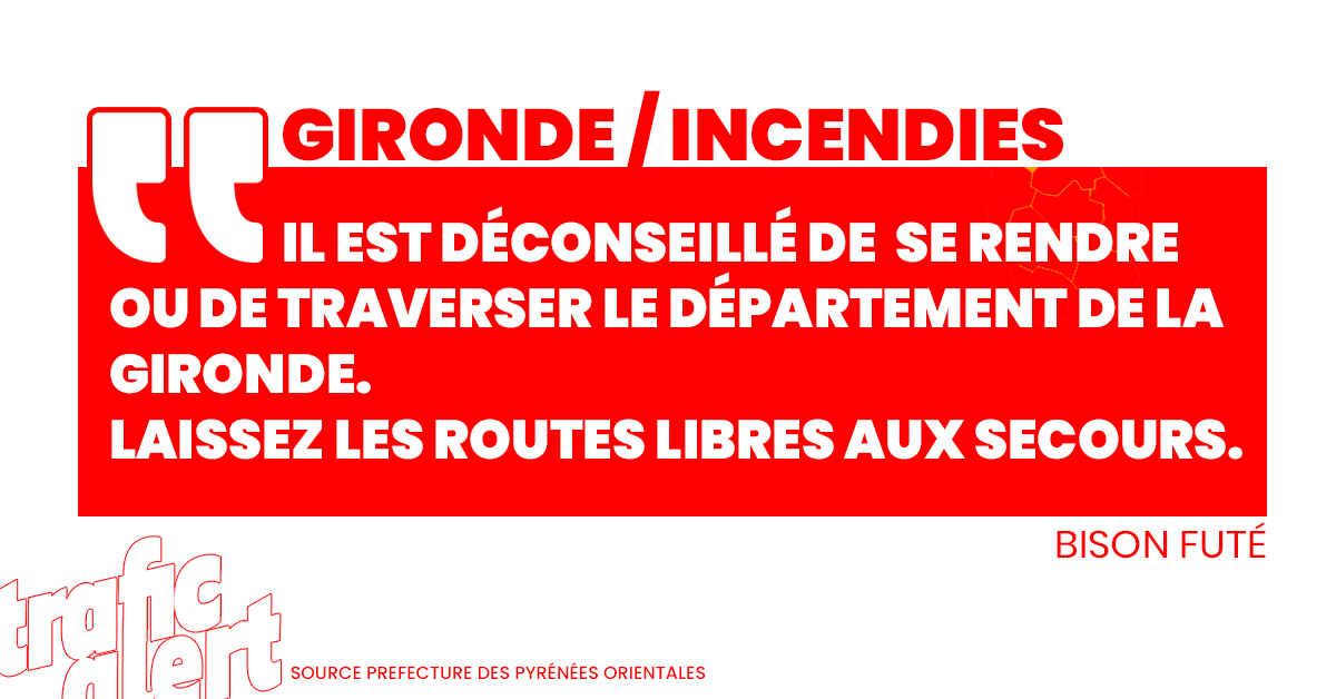 trafic_msgu's tweet photo. 🔥  CONSEIL | Bison Futé appelle à éviter le département de la Gironde, de laisser les axes libres pour les secours, notamment A10, rocade de Bordeaux, A63, A62. Prudence avec les fumées très étendues.  ➡️ https://t.co/hvRyvB572D https://t.co/qUE2nxz2dK