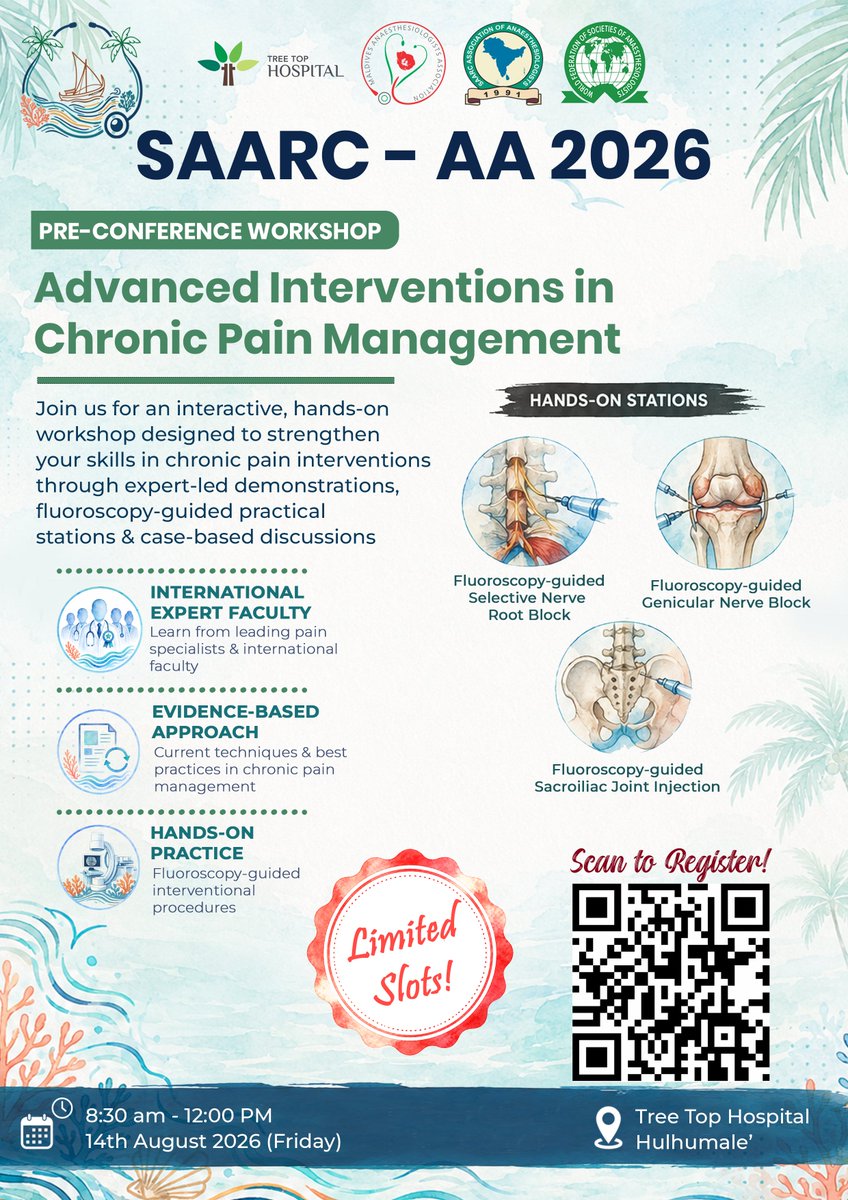 AnaesthesiaMV's tweet photo. 📢 Registrations are now open!

Join us for the SAARC-AA 2026 Pre-Conference Workshop on Advanced Interventions in Chronic Pain Management

🎯 Limited slots available - register now!

#SAARCAA2026 #painmanagement #workshop #maldives https://t.co/aVhpqqhk3s