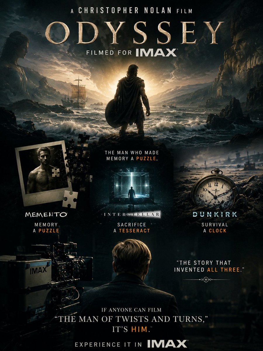 kmihir3's tweet photo. Nolan's #Odyssey in #IMAX . The man who made memory a puzzle (Memento), sacrifice a tesseract (Interstellar), and survival a clock (Dunkirk) gets the story that invented all three. If anyone can film "the man of twists and turns," it's him. Review after. 🎬 https://t.co/INJKMW2OUs