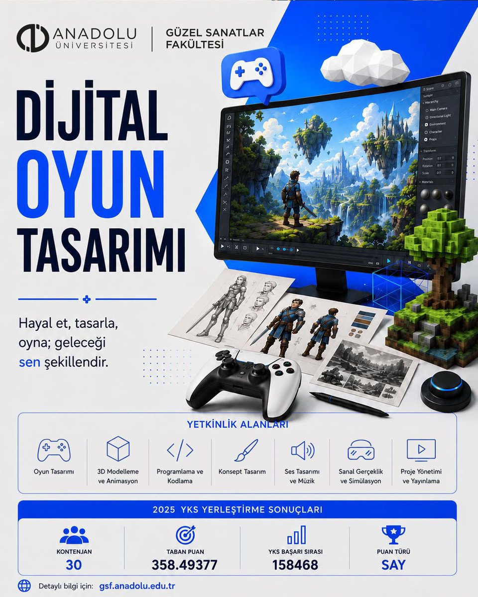 Adiguzel_Yusuf's tweet photo. YENI BÖLÜM
DİJİTAL OYUN TASARIMI

Güzel Sanatlar Fakültesi
Dijital Oyun Tasarımı Bölümü,
uygulama odaklı eğitim anlayışıyla gençleri oyun geliştirmenin farklı disiplinleriyle tanıştırıyor.
Bölüm, sayısal (SAY) puan türü ile 30 öğrenci alacak. 
#AnadoluÜniversitesi https://t.co/DgUzLAm4Ad