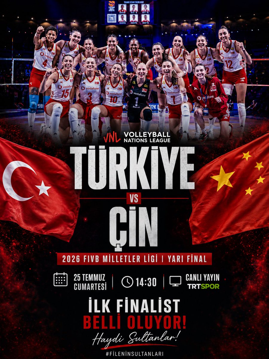 Alman_Kale's tweet photo. 🏐 Filenin Sultanları yarı finale çıkıyor! Maça saatler kaldı!

🏐2026 FIVB Milletler Ligi yarı final maçı 

🇹🇷Türkiye - Çin🇨🇳 
🗓️25 Temmuz Cumartesi 
🕝14:30
📺TRT Spor

#fileninsultanları #türkiye https://t.co/JSy5Pt4Mff