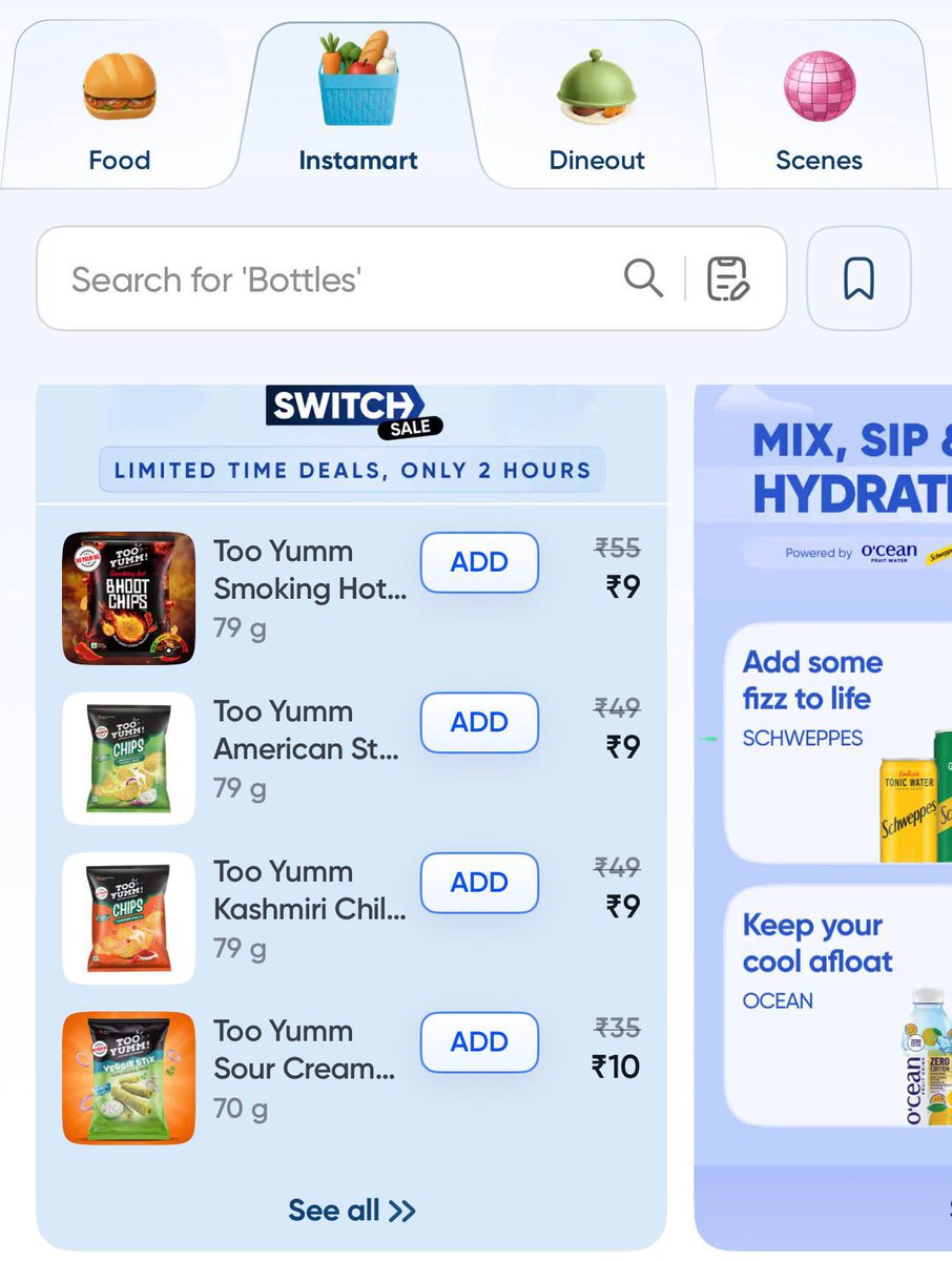 dealztrendz's tweet photo. Swiggy Instamart Loot :

Open Instamart > Check This Banner - Switch Deals 

Or Search : Too Yumm https://t.co/Wwyfmvg4G2
