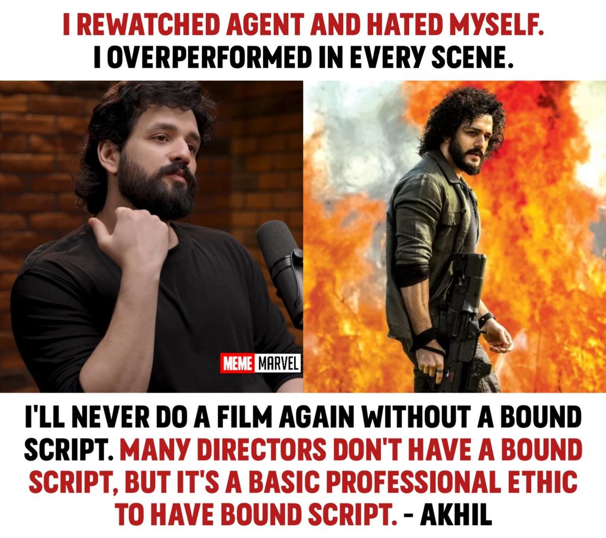 theMemeMarvel's tweet photo. I hated myself in #Agent i overperformed in every scene - #Akhil

#AkhilAkkineni #AkkineniAkhil https://t.co/l4kqQgcCgq