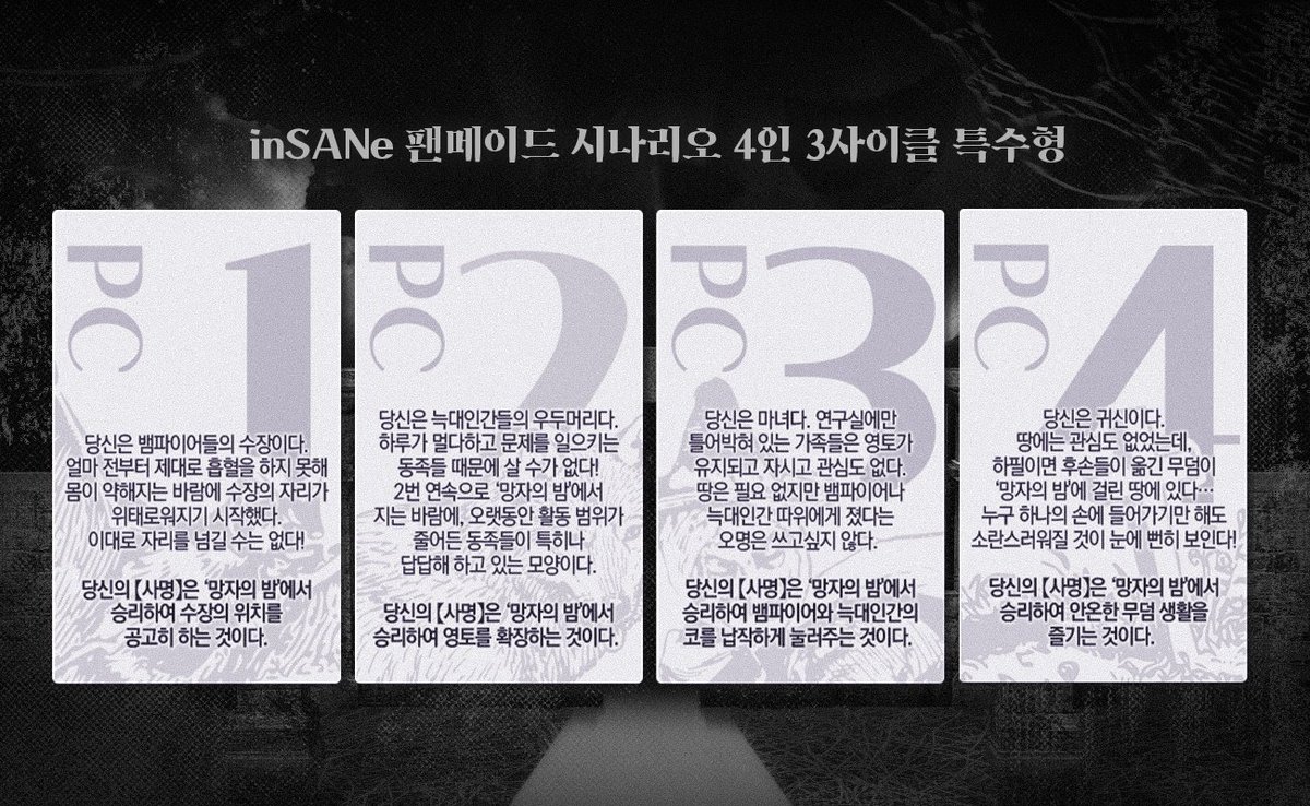 inDu_guu's tweet photo. 인세인 4인 3사이클 특수형 팬메이드 시나리오 「망자의 밤」을 배포합니다. 

괴이를 봉인하는 대신 괴이가 되어보는 건 어떨까요?
https://t.co/nW56wkMiTE https://t.co/E0YrPFOWv3