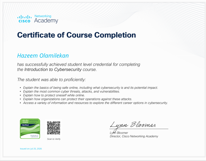 BankoleHaz97535's tweet photo. Just completed the Introduction to Cybersecurity course with Cisco Networking Academy 🔐
Learned the small habits that actually keep you safe online. Small step, more to come.
#Cybersecurity #TechStudent #CiscoNetworkingAcademy https://t.co/rz8vkRcg1s