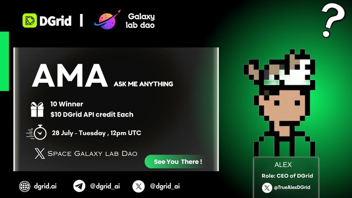 Galaxylabss's tweet photo. 🚀 Galaxy Lab x DGrid Ai 𝕏 Spaces AMA

⏰ Time: July 28, 12:00 PM (UTC)
🎁 $100 DGrid API Credit

✅ Follow @DGrid_Ai
✅ Rules:- https://t.co/77Ec0SspIC
✅ Comment Your Best Questions

🎙️Set Reminder:-
https://t.co/rtrl3KLEBw

💰Join today. Get rewarded,
#AMA #XspaceAMA https://t.co/dAXpebhA81