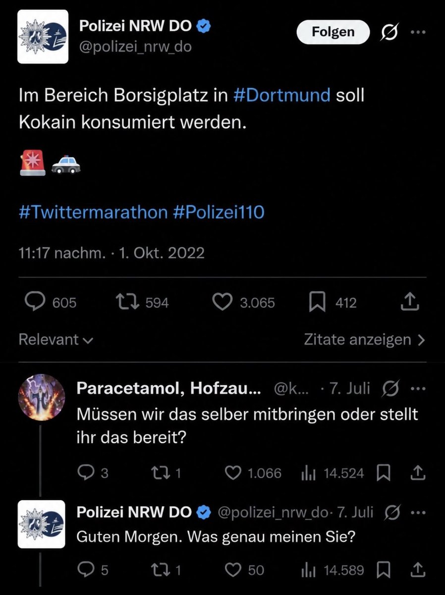 Spankoxx_'s tweet photo. Alt aber zu geil! 
Ich muss soooo lachen!! 😂😂😂
„Wie die Polizei Dortmund 2022 mit einem Tweet viral ging…“ #Kokain
#Dortmund #Polizei 
Quelle: dortmundermemes https://t.co/jw5zgJCmBu