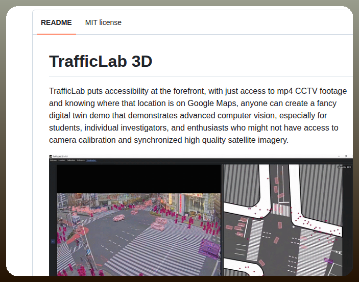 tom_doerr's tweet photo. Creates 3D digital twin traffic visualizations from MP4 CCTV footage and Google Maps locations.

https://t.co/cJJ0QDGQE9 https://t.co/uHRN3i0ljl