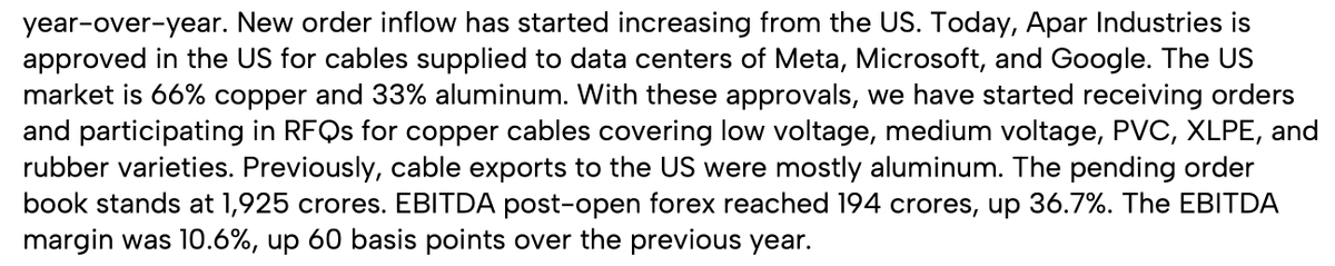 soicfinance's tweet photo. Apar has received approvals from META, Microsoft, &amp; Google for the supply of DC Cables

Interesting concall snippet below https://t.co/ILF4EjAvs9