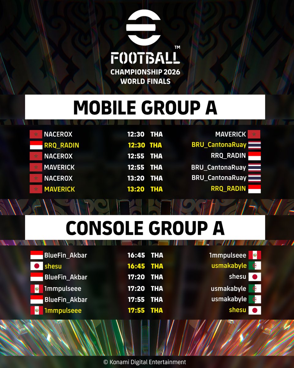 we_konami's tweet photo. 🔥World Finalsの対戦表を公開！

黄色で表示されている試合は、公式YouTubeチャンネルでライブ配信！
熱戦の模様をお見逃しなく！

📅7月25日：グループステージ
📅7月26日：ノックアウトステージ

🔗ご視聴はこちら：https://t.co/sazQeaqBrw

#eFootball #Championship #WorldFinals https://t.co/nFlKVS8X8k
