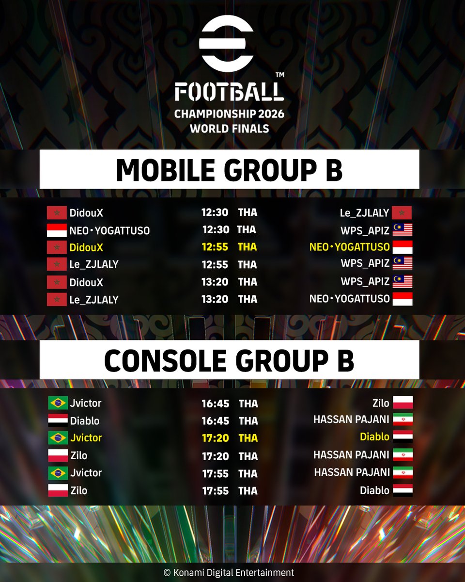 we_konami's tweet photo. 🔥World Finalsの対戦表を公開！

黄色で表示されている試合は、公式YouTubeチャンネルでライブ配信！
熱戦の模様をお見逃しなく！

📅7月25日：グループステージ
📅7月26日：ノックアウトステージ

🔗ご視聴はこちら：https://t.co/sazQeaqBrw

#eFootball #Championship #WorldFinals https://t.co/nFlKVS8X8k