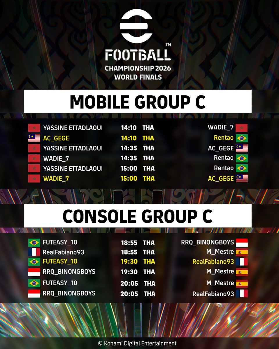 we_konami's tweet photo. 🔥World Finalsの対戦表を公開！

黄色で表示されている試合は、公式YouTubeチャンネルでライブ配信！
熱戦の模様をお見逃しなく！

📅7月25日：グループステージ
📅7月26日：ノックアウトステージ

🔗ご視聴はこちら：https://t.co/sazQeaqBrw

#eFootball #Championship #WorldFinals https://t.co/nFlKVS8X8k
