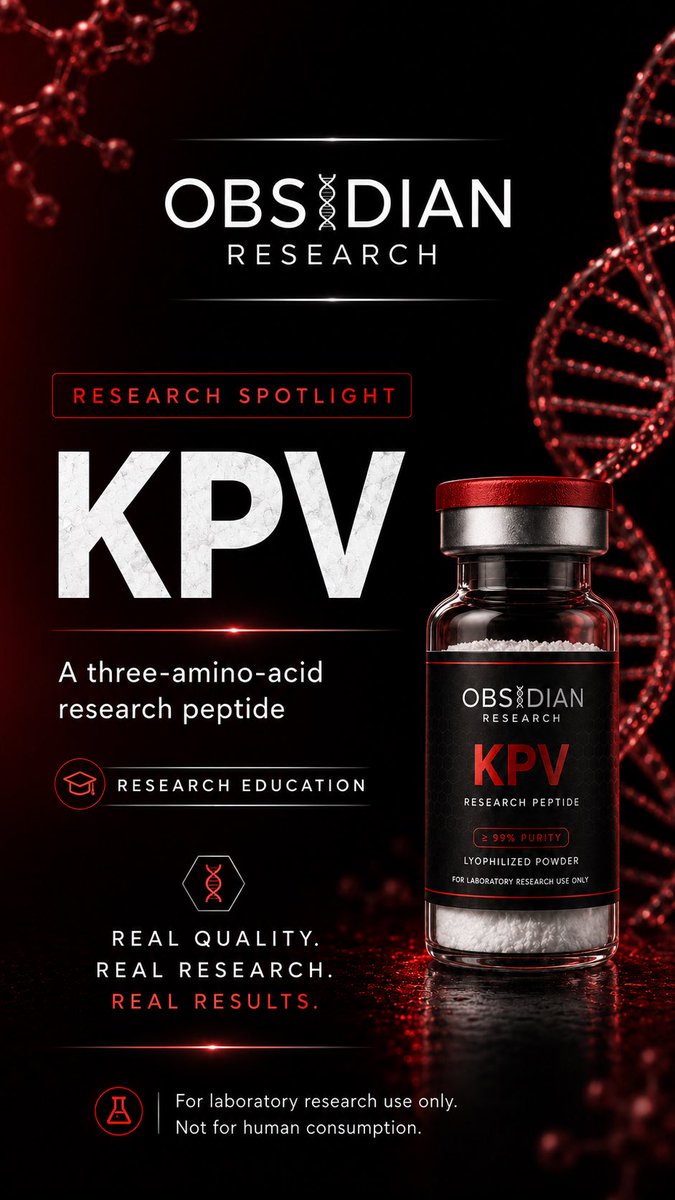 Obsidian2026's tweet photo. 🧬 Research Spotlight: KPV

KPV is a tripeptide composed of lysine, proline and valine. Laboratory studies examine its relationship with cellular signaling and inflammatory-response pathways.

For laboratory research use only. Not for human consumption. https://t.co/hKt4MtxDNk https://t.co/SpxNhyP5IF