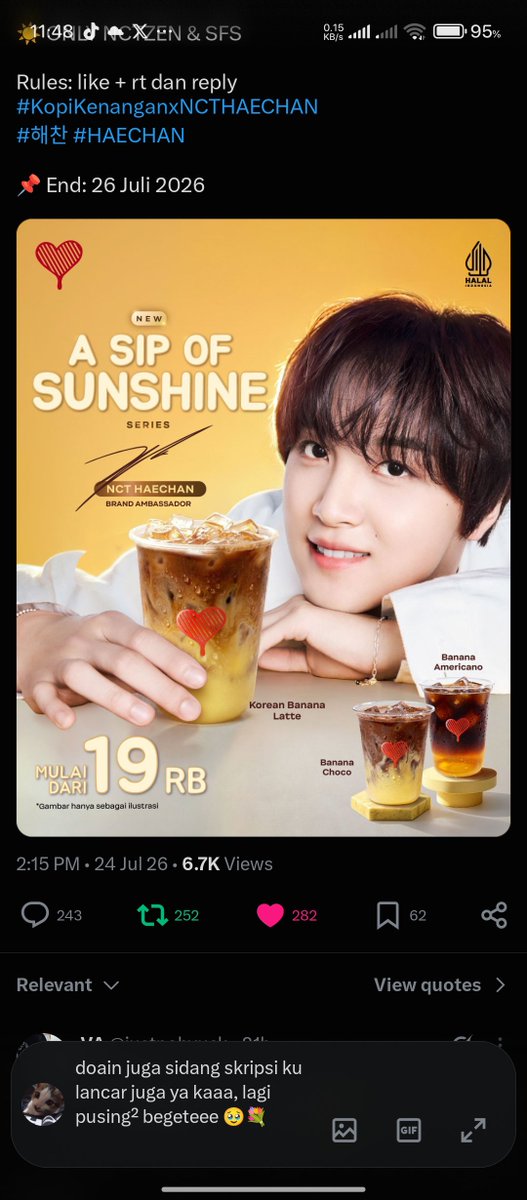 uci_mhrni's tweet photo. @justnohyuck @Kopikenangan_ID (wml) kaka izin ikutan ya kaaa makasih udah buat event ini huuuu. semoga rezeki kakak selalu dan lancaaaar begete. Aamiin. doain juga sidang skripsi ku lancar juga ya kaaa, lagi pusing² begeteee 🥹💐

#KopiKenanganxNCTHAECHAN
#해찬 #HAECHAN https://t.co/R6F8wWDuNh