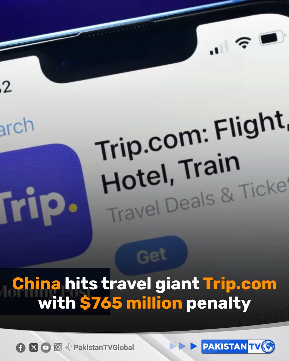 PakTVGlobal's tweet photo. China's market regulator said Saturday it had fined and confiscated 5.18 billion yuan ($765 million) from the country's largest online travel provider https://t.co/B8oGBP3Kxv Group for violating monopoly laws.

#China #TripCom #Antitrust #BusinessNews #PakistanTV https://t.co/e9x8tzVsRl