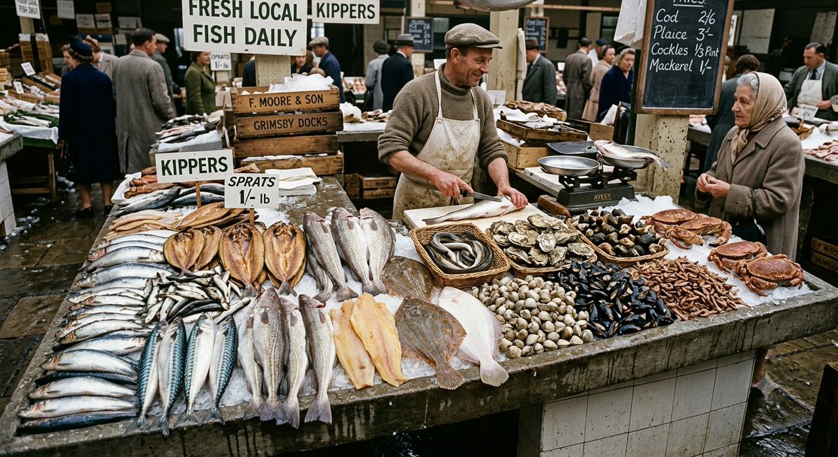 SamaHoole's tweet photo. 1956 - What sat on a British fishmonger's slab: herring, mackerel, sprats, kippers, cod, haddock, smoked haddock, plaice, sole, eels, oysters, cockles, mussels, whelks, brown shrimp, crab. Every last item pulled out of home water in the previous few days.

2026 - What sits in a British supermarket chiller: pangasius farmed on the Mekong, salmon from a Norwegian sea cage, and a tray of white fish bites that declines to name a species.

The sea has not moved. The fleet still goes out.

Somewhere in between, the catch stopped ending up on British plates.