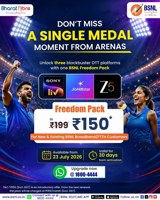 bsnl_ap_circle's tweet photo. From thrilling finishes to unforgettable victories, catch every medal moment with the BSNL Freedom Pack.  

Three OTT platforms. One great offer.  

Upgrade now on whatsapp: 1800-4444  

#BSNLIndia #DigitalLife #IndiaOnline #BSNLServices #SmartIndia #199plan #BSNLAP

@CMDBSNL https://t.co/0vd3YdSj9u