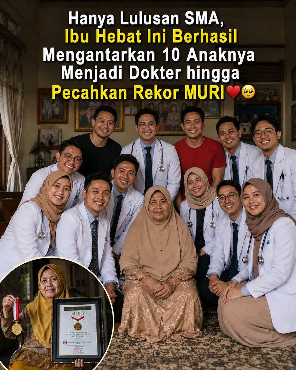 WongAlasRoban's tweet photo. *Masyaa Allaah...*

Hanya Lulusan SMA, Ibu Hebat Ini Berhasil Mengantarkan 10 Anaknya Menjadi Dokter hingga Pecahkan Rekor MURI ❤️🥹.

Kisah Nafisah menjadi bukti bahwa pendidikan orang tua bukanlah batas untuk melahirkan generasi luar biasa. Meski hanya lulusan SMA, ia bersama sang suami berhasil membesarkan 12 anak dengan penuh kasih sayang.

 Dari 12 anak tersebut, 10 berhasil menjadi dokter, sementara dua lainnya berkarier di bidang teknik kimia sebagai PNS dan desainer interior.

Seluruh anak yang menempuh pendidikan kedokteran berhasil diterima di perguruan tinggi negeri, sehingga biaya kuliah menjadi lebih terjangkau.

Mereka juga saling berbagi buku dan saling mendukung selama menempuh pendidikan.
Nafisah mengungkapkan bahwa rahasia mendidik anak-anaknya sangat sederhana. Ia tidak pernah menggunakan kekerasan, melainkan selalu berbicara dengan lembut dan penuh kasih sayang.