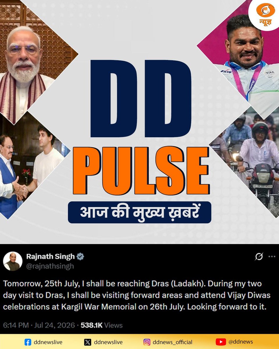 DDNewsHindi's tweet photo. #DDPulse | आज की बड़ी खबरें |
#NewsUpdate #PMModi #PaperLeak #KargilVijayDiwas #WeatherAlert #ParaSports https://t.co/9dm90kkI0l