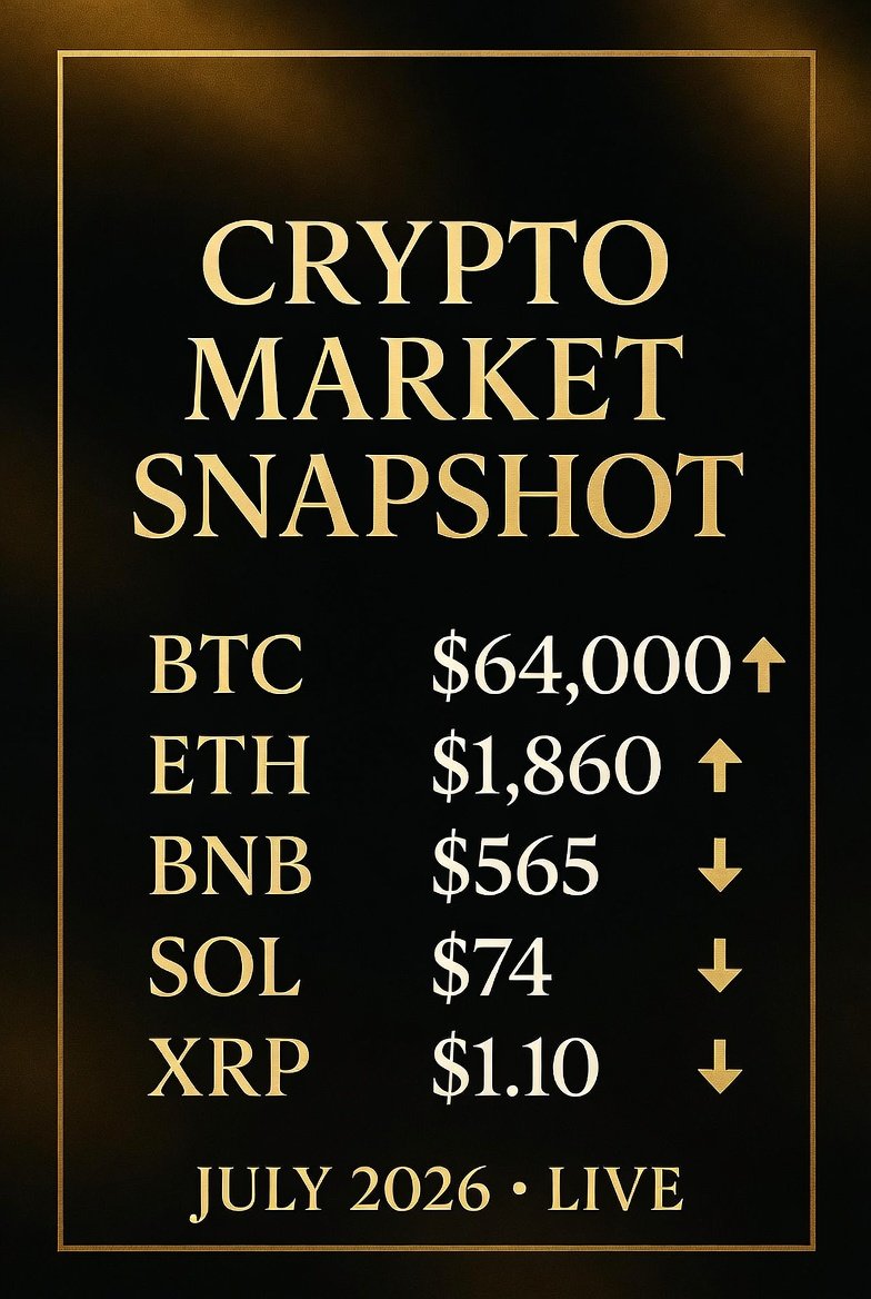 Cyrus9868's tweet photo. July 2026 Crypto Snapshot
BTC $64K | ETH $1,860 | BNB $565 | SOL $74 | XRP $1.10
Stay updated.
#Crypto #MarketUpdate https://t.co/fFlowBKR4o