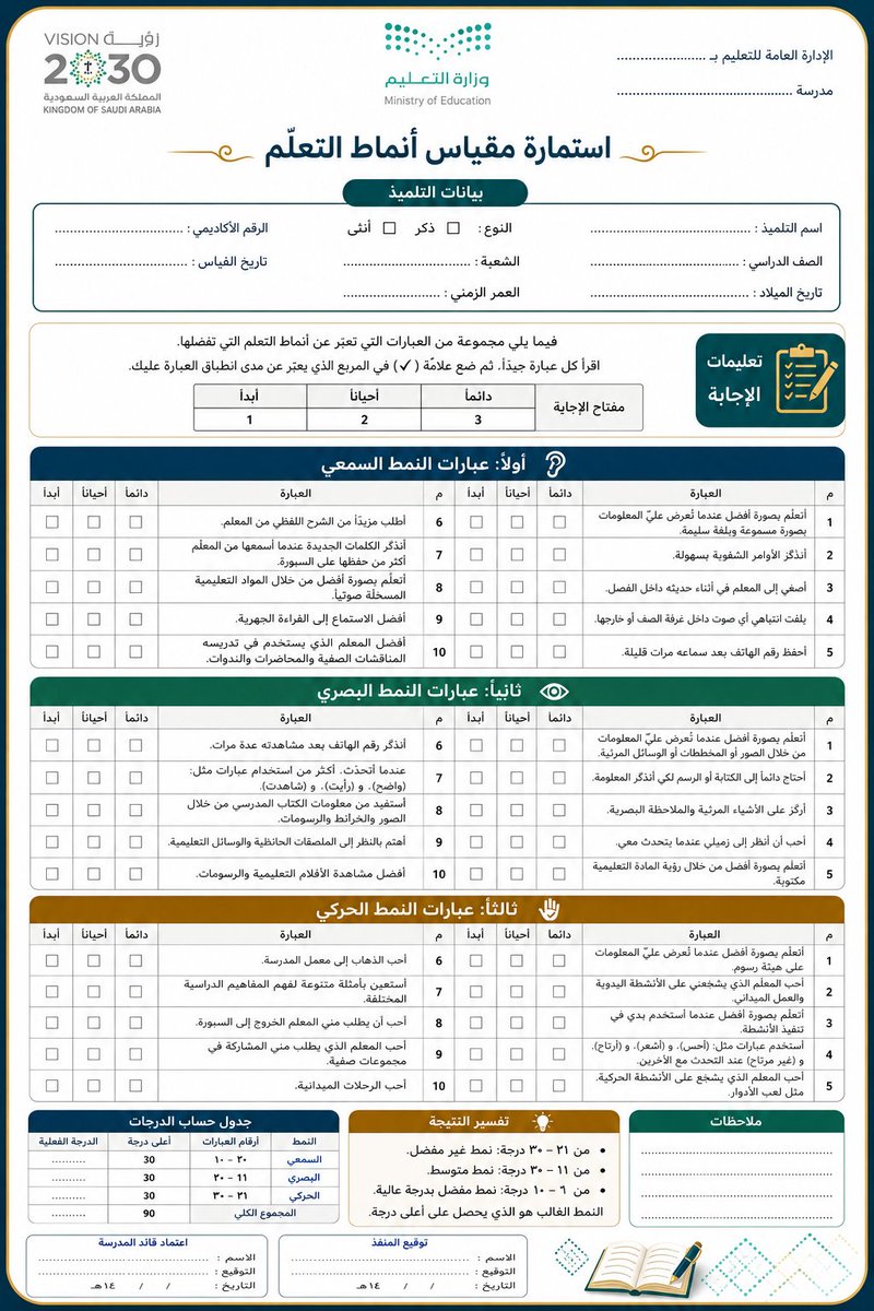 MukhtarDeira's tweet photo. استمارة مقياس أنماط التعلم
 #تثقيف_مهني_تعليمي https://t.co/eXgMfAscvR