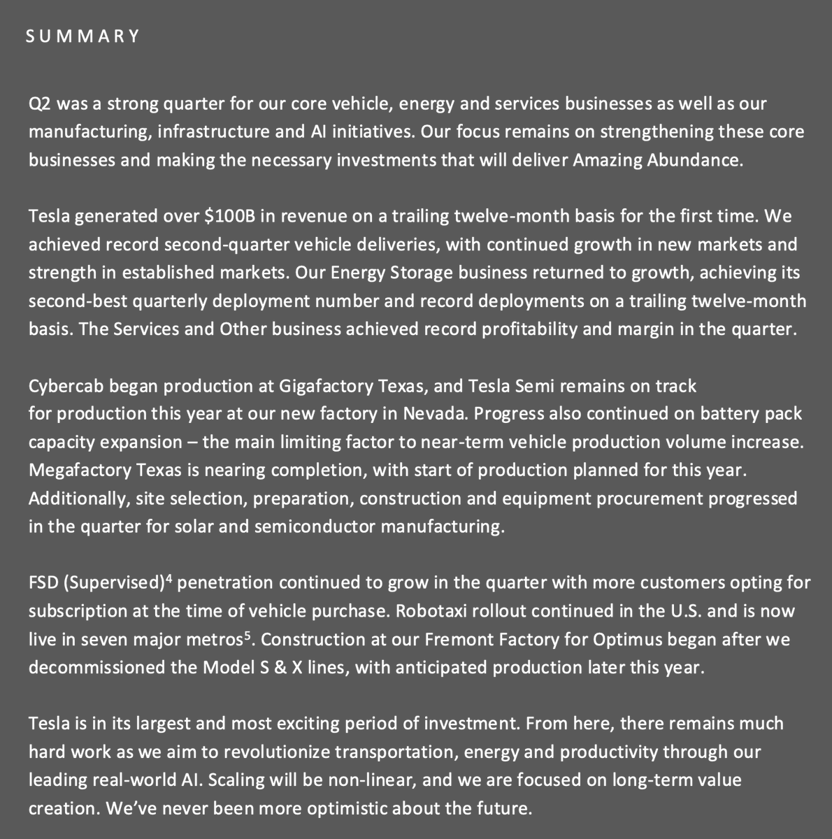 mitchdeg's tweet photo. I was reading again in the early morning the summary of Tesla’s Q2 2026 (as presented in their quarterly update).

To be ironic, we indeed have all the signs of a company in structural and inevitable decline, one that doesn’t know where it’s going! 

More seriously:

- Tesla is more bullish than ever on the future and has absolute confidence in its mission to revolutionize transportation (robotaxis & Cybercab), energy, and productivity (with Optimus).

- But this will require heavy investments (already negative FCF in Q2), time (the major takeoff will clearly not happen before 2027; the ramp-up will initially be slow, then non-linear), and of course a lot of hard work and perfect execution.

In short, it seems that for once they have provided concrete elements to better manage expectations, and that is highly appreciable.

I remain just as fundamentally bullish on the future… while giving no short-term forecast on $TSLA, which in fact I couldn’t care less about.

With one caveat: if $TSLA continues to fall, which is entirely possible, at some point I will clearly regret not having more cash to accumulate massively!

Still targeting $2000 by 2030.