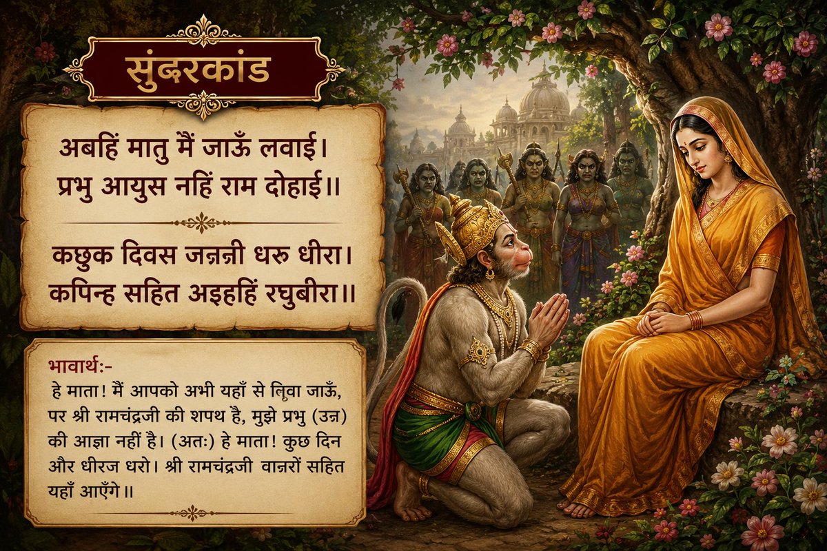 Ramlal's tweet photo. ॥सुंदर कांड॥

अबहिं मातु मैं जाउँ लवाई। प्रभु आयुस नहिं राम दोहाई॥
कछुक दिवस जननी धरु धीरा। कपिन्ह सहित अइहहिं रघुबीरा॥

भावार्थ:-हे माता! मैं आपको अभी यहाँ से लिवा जाऊँ, पर श्री रामचंद्रजी की शपथ है, मुझे प्रभु (उन) की आज्ञा नहीं है। (अतः) हे माता! कुछ दिन और धीरज धरो। श्री रामचंद्रजी वानरों सहित यहाँ आएँगे॥

#RamCharitManas
#SundarKand
