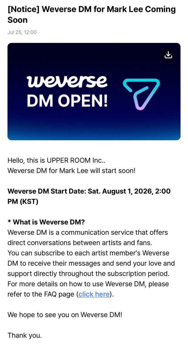 merlynsie's tweet photo. weverse dm ของมาร์คลีจะมาเร็วๆๆนี้ !!!!

โดยทาง Upper Room ระบุว่าจะเริ่มวันที่ 1 สิงหาคม 2026 เวลาบ่าย 2 โมงตามเวลาเกาหลี ซึ่ง weverse dm เป็นช่องทางการติดต่อกับทางศิลปินโดยตรง 🥺🥺🥺🥺 https://t.co/yD8dmdFel0