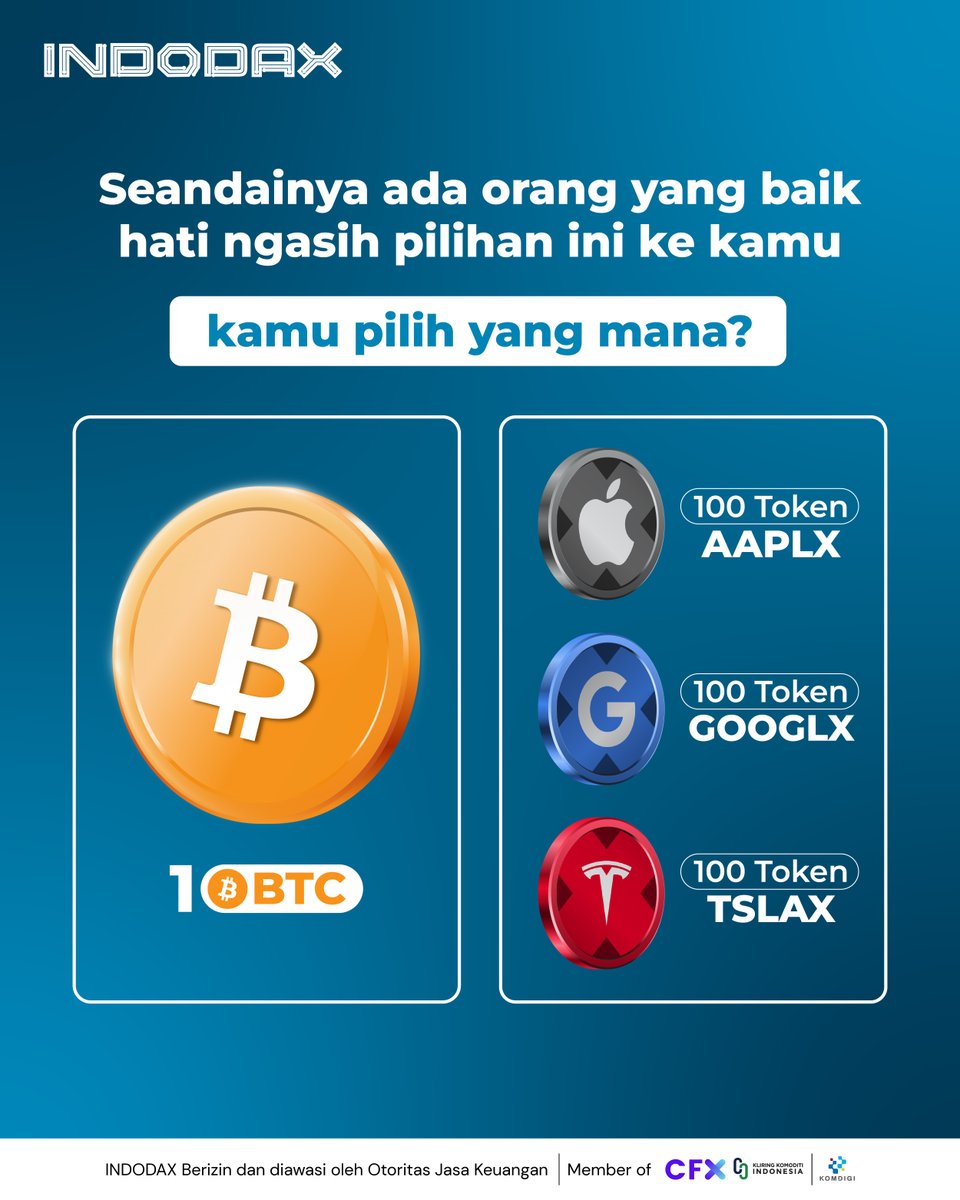 indodax's tweet photo. Kalau tiba-tiba ada yang baik hati kasih kamu pilihan ini, kamu bakal ambil yang mana?

Drop jawaban kamu di reply 👇

#INDODAX #AsetMasaDepan https://t.co/tMY319tL9w