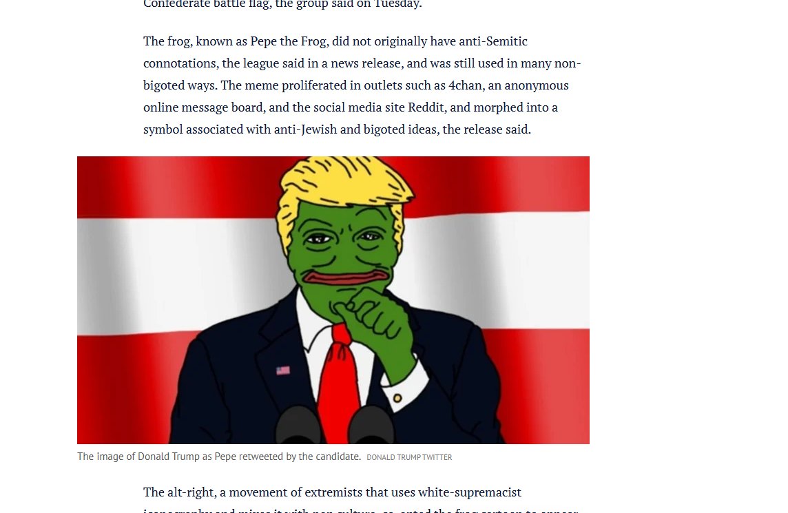 ALexanderTheEBT's tweet photo. I just found a republican pepe article created back in 2016. Trump even spoke about it in an interview. 

Apparently it was a hate symbol and the person he was going against used it against him. Trump sued for defamation.

Source: 
https://t.co/cocQ6WfyTi https://t.co/A8yRkKH7O7